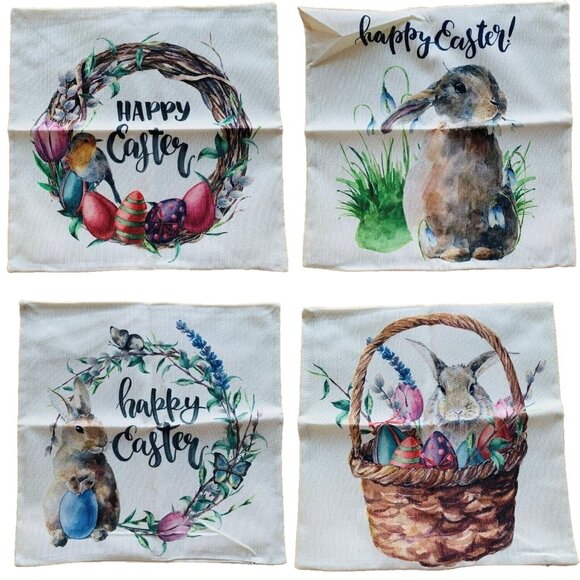Easter Theme Throw Pillow Covers 18X18 in Linen Watercolor Design Set of 4 - Picture 1 of 7